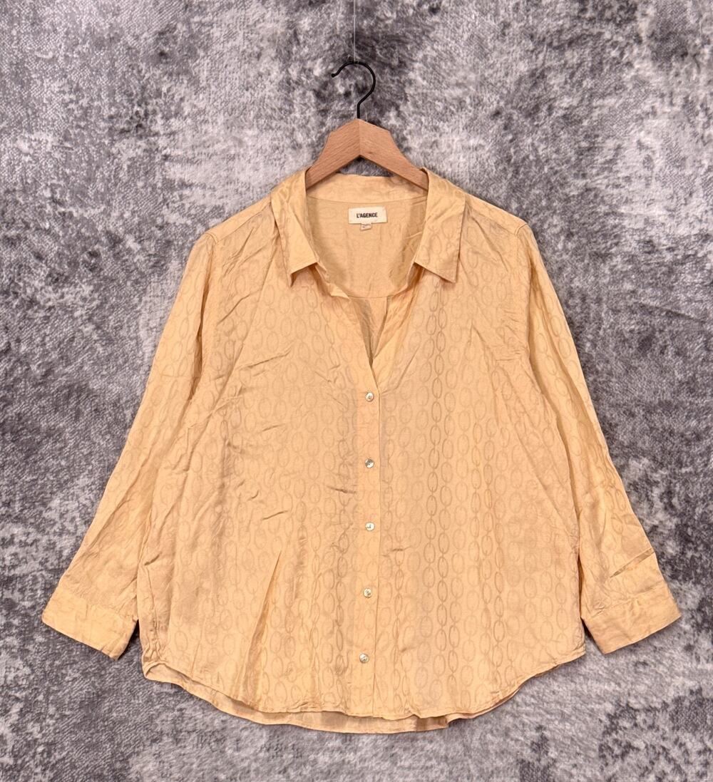 L'agence Blouse XXL Womens Silk Gold Jacquard Satin Long Sleeve Button Shirt